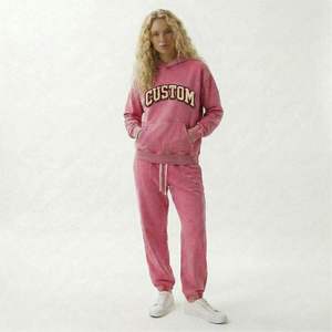 Women Pink Custom Hoodie And <b>Jogger</b> Pants Set Full Length Casual Tracksuit Garment Dyed With Flock Print Logo And Side Pockets - Product Image 1