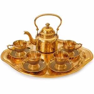 Luxury Brass <b>Tea</b> <b>Set</b> with Teapot, Cups, Saucers and Serving Tray – Traditional Indian Handcrafted Brass <b>Tea</b> & Coffee <b>Set</b> - Product Image 1