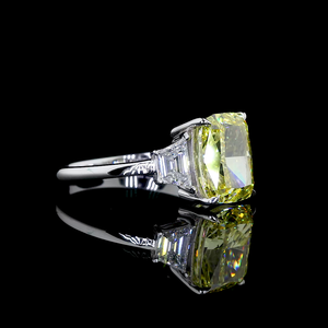 4 Ct Square <b>Cushion</b> Fancy Vivid Yellow Lab Grown Diamond 14K Gold Engagement Ring Triangle Side Stones Floral Basket Design for - Product Image 3