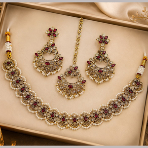 Ensemble collier et boucles d'oreilles pour femme JeweleMarket, plaqué or, cristal, ethnique, mariage, fiançailles, anniversaire, cadeau, Maharashtra - Product Image 5