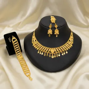 Luxury Brass 24K Gold Plated Traditional Flower Design Necklace Set Bracelet Earrings Ring Women | African Bridal Wedding Set - Product Image 2