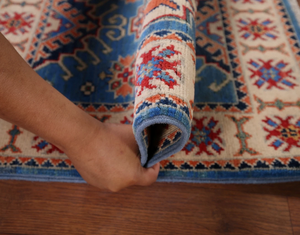 Alfombra Persa Anudada a Mano Kazak, Geométrica, Azul, Blanca, Multicolor, de Lana Ecológica, Antideslizante, de Pelo Medio, para Sala de Estar o Bar - Product Image 1