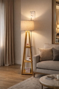Lampadaire Trépied en Bois avec 3 Étagères, Luminaire sur Pied, Fabricant, Abat-jour en Tissu Blanc Personnalisé, OEM ODM Vente en Gros Natura - Product Image 5