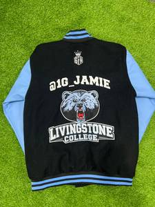Livingstone College Varsity <b>Jacket</b> <b>Men's</b> Black Light Blue Bear Logo Patch Design Casual College <b>Baseball</b> Style - Product Image 3
