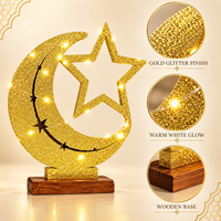 Lampe de table en forme de croissant de lune et d'étoile avec paillettes dorées pour l'Aïd du Ramadan, avec LED blanc chaud sur base en bois pour la décoration de la maison