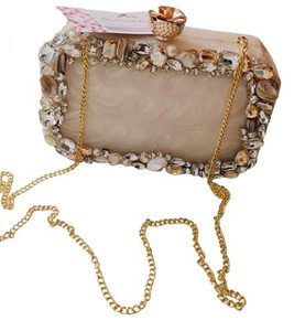 Elegante Bolso de Mano de Resina con Adornos de Piedras Blancas para Fiestas - Beige Mármol - Product Image 1