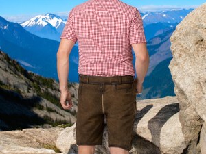Shorts en cuir marron clair délavé à taille haute pour homme avec broderie et ceinture, costume traditionnel bavarois pour l'Oktoberfest - Product Image 3