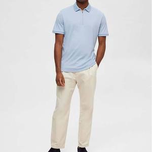 Polo à manches courtes bleu clair pour homme, couleur unie, design décontracté avec fermeture éclair, coupe classique, tricot en coton respirant - Product Image 2