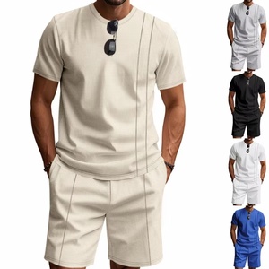 2026 American Style Waffle <b>Knit</b> Crew Neck Casual Men's Summer Eco-friendly 100% Bamboo Fiber Loose T-shirt <b>Set</b> Rhinestone - Product Image 3