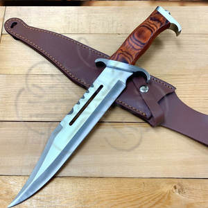 Cuchillo Bowie de Hoja Fija para Caza, Mango de Palisandro, Funda de Cuero, Supervivencia en la Naturaleza, Acero al Carbono, Borde Parcialmente Serrado - Product Image 5