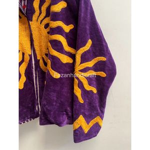 Veste en velours violet brodée, manches longues, col montant, motif géométrique fait main, vêtements d'hiver pour femmes, cadeaux - Product Image 4