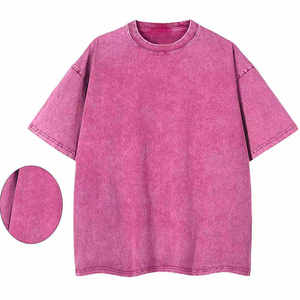 เสื้อยืดแขนสั้นผ้าฝ้ายฟอกทรงโอเวอร์ไซส์สำหรับผู้ชาย สีพื้น ลำลอง คอถัก ไม่มีปก เสื้อฤดูร้อน สีชมพู - Product Image 6