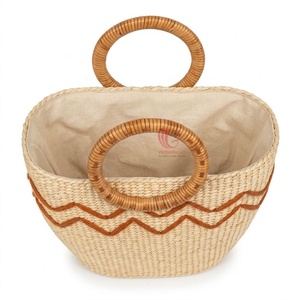 Sac fourre-tout en paille tissée à motif zigzag avec poignées rondes en bois, couleur beige, style décontracté pour les voyages et l'usage quotidien - Product Image 1