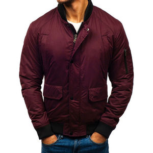 Men's Burgundy Thin Long <b>Patchwork</b> Bomber <b>Jacket</b> with Covered Button Closure and Pockets Casual Autumn Wear - Product Image 1