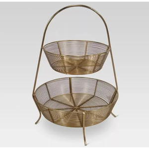 Cesta de Almacenamiento Metálica Vintage de 2 Niveles, Cesta Redonda de Alambre Negro con Soporte para Exhibición de Artículos de Cocina, Cesta Decorativa - Product Image 4