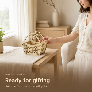 Laser Cut <b>Wooden</b> Gift <b>Basket</b> with Bow Handle, Openwork Woven Lattice <b>Wooden</b> Candy <b>Basket</b> for Wedding Favors - Product Image 4