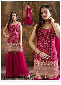 Conjunto de Traje Sharara Bordado Color Vino Tinto para Mujer con Kurti y Dupatta de Diseñador para Bodas y Fiestas - Product Image 3