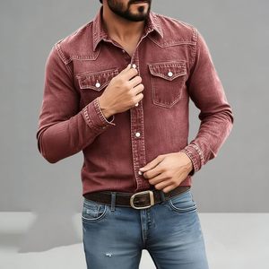 Camisa de mezclilla para hombre, corte ajustado, color liso, manga larga, con botones, cuello vuelto, informal, lavable, de algodón lavado a la piedra - Product Image 3