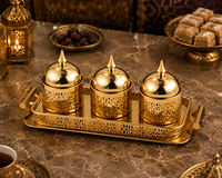 Ensemble de plateaux décoratifs rectangulaires classiques de luxe plaqués or ABI OVERSEAS, 3 pots à couvercle, design floral traditionnel, poignée, pour table