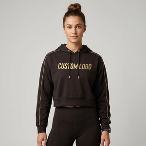 Women's <b>Black</b> <b>Cropped</b> Hoodie Striped Long <b>Sleeve</b> Drawstring Hooded Sweatshirt Letter Print Casual Autumn <b>Top</b> 100% Cotton Fleece - Product Image 4
