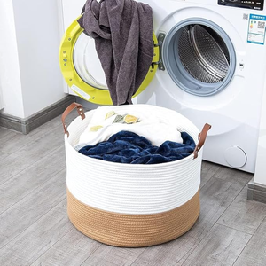 Cesta de Almacenamiento de Algodón Tejido con Asas de Cuero, Diseño Blanco y Marrón, para Decoración Interior y Exterior, Organizador de Venta Caliente - Product Image 6