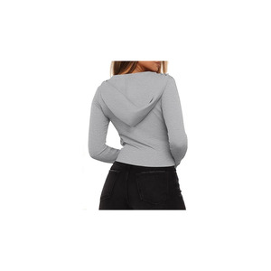 Women’s Bodycon <b>Crop</b> Hoodie Jacket Ribbed Fabric <b>Zip</b>-<b>Up</b> Long Sleeve Chic Casual Top for women - Product Image 2
