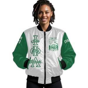 Blouson Bomber Universitaire Personnalisé pour Femme Iota Phi Lambda, Mélange Blanc et Vert Émeraude, avec Écusson à Lettres Grecques et Année au Dos - Product Image 1