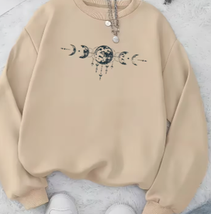เสื้อสเวตเชิ้ตคอกลมสีเบจสำหรับผู้หญิง พร้อมลายปักรูปพระจันทร์ แขนยาว ผ้าถัก สวมใส่สบายๆ สำหรับฤดูใบไม้ร่วง - Product Image 6