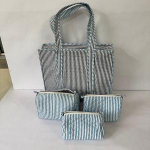 Striped Quilted Cotton Handbag with Makeup Pouch Set Women Travel Tote Cosmetic Organizer Combo Eco Friendly Bag Set - Product Image 1