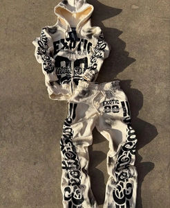 Ensemble de survêtement unisexe en coton épais, style vintage printemps, 2 pièces, sweat à capuche et pantalon de survêtement à ourlet brut délavé à l'acide, avec logo personnalisé - Product Image 2