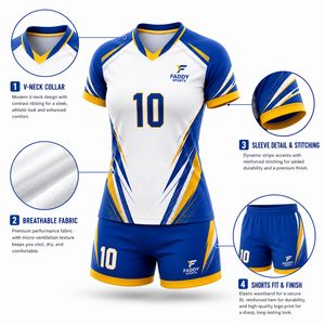 Ensemble de maillots de volley-ball pour femmes FADDY SPORTS, sublimé, 100% polyester, évacuation de l'humidité, col en V, manches courtes, uniforme d'équipe - Product Image 4