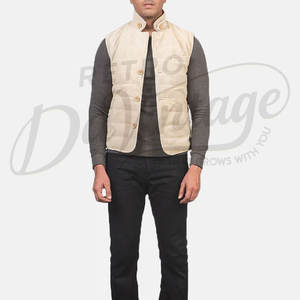 Chaleco acolchado de gamuza beige premium para hombre, con botones, cuello alto, sin mangas, corte ajustado, para invierno. - Product Image 5