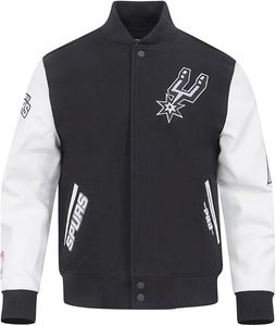 Chaqueta Bomber de los San Antonio Spurs, Bordada, 100% Transpirable, de Secado Rápido, Poliéster/Cuero, con Ribete en Contraste Blanco y Negro, Clásica para Adultos - Product Image 1