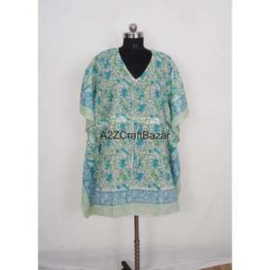 Robe Kaftan Midi Femme 100% Coton Faite à la Main, Col V, Motif Floral Vintage Romantique, Manches Courtes, Légère, pour Plage et Été - Product Image 1