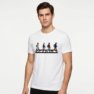 เสื้อยืดแขนสั้นสีขาวสำหรับผู้ชาย พิมพ์ลายสไตล์ Abbey Road ทรงปกติ คอกลม ผ้าเจอร์ซีย์ลำลอง ผ้าฝ้าย 100% เนื้อผ้าเบา ผลิตในบังกลาเทศ - Product Image 5