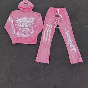 Sudadera con capucha y pantalones de chándal personalizados negros, con cremallera completa, estilo vintage, con efecto desgastado, bordados, lavado ácido y a la piedra, de poliéster/algodón, con forro polar y corte acampanado. - Product Image 1
