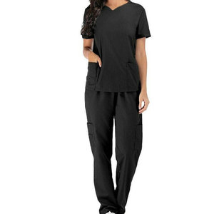 Conjunto de Uniforme Médico para Mujer, Cuello en V, Color Negro, Manga Corta, Uniforme de Enfermería, Ropa de Trabajo para Hospital, Top y Pantalones Cargo, Conjunto de Algodón y Poliéster - Product Image 2