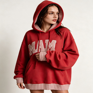 Sudadera con capucha MAM personalizada al por mayor para mujer, con ribete de guinga, patchwork a cuadros, estilo oversize, de forro polar grueso - Product Image 1