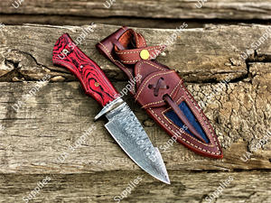 Couteau de camping plein pied en acier Damas de qualité industrielle, le plus vendu, avec manche en bois Pakka et étui en cuir, OEM - Product Image 6