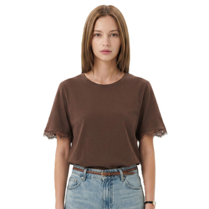 เสื้อยืดผ้าฝ้ายสีน้ำตาล เสื้อเชิ้ตผู้หญิง แต่งขอบลูกไม้ที่ข้อมือ แขนสั้น คอกลม ทรงหลวม สวมใส่สบาย เสื้อลำลองฤดูร้อน เสื้อเบลาส์สวยหรู - Product Image 1
