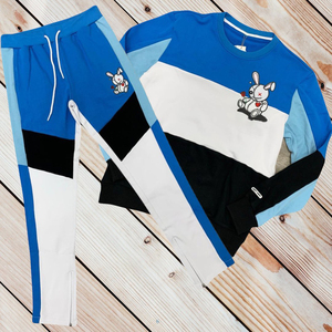 Cartoon Tracksuit Set Blue <b>White</b> Black Color Block Sweatshirt Rabbit Embroidery Matching <b>Jogger</b> Pants Casual Winter 100% Cotton - Product Image 1
