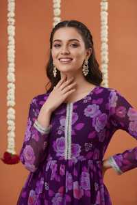 <b>Women</b>’s Purple Printed Georgette <b>Kurta</b> Sharara Set | Fully Stitched 2-Piece Festive Ethnic Wear - Product Image 2