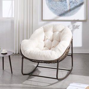 Sedia a dondolo reclinabile in rattan bianco per veranda/patio con cuscino imbottito - Product Image 1
