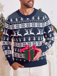 Pull à col rond pour homme, style rétro américain, automne-hiver, pull de Noël, tricot jacquard avec bordure côtelée - Product Image 4