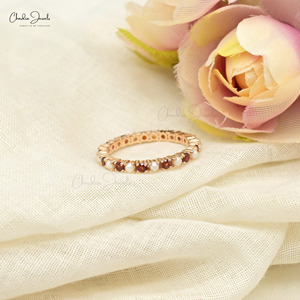 Wholesale Products 2mm Round Cut Garnet & Pearl Gemstone Eternity Band with 14k Fine Rose Gold <b>Stacking</b> <b>Ring</b> Size US-7 - Product Image 5