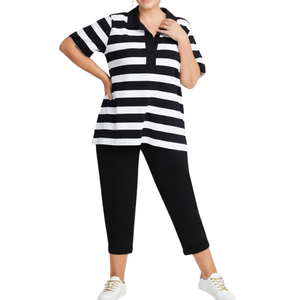 Plus Size Women's Active Bold Stripe <b>Polo</b> <b>Top</b> in Black/<b>White</b> Wholesaler Customizable OEM ODM - Product Image 4