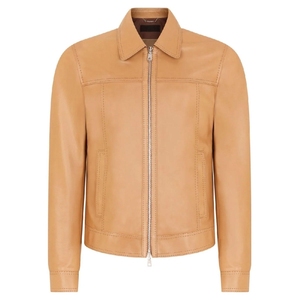 <b>Men's</b> Tan Genuine Leather <b>Jacket</b> Turn-down Collar Zipper Closure Slim Fit <b>Smart</b> <b>Casual</b> Autumn Wear - Product Image 2