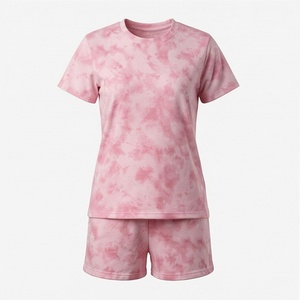 Ensemble 2 pièces pour femme, rose tie-dye, short et haut à manches courtes, col rond, coupe décontractée, au-dessus du genou, en coton tricoté, pour l'été - Product Image 1