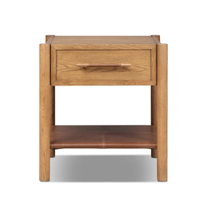 Modern Mango <b>Wood</b> Nightstand <b>Bedside</b> Table 1 Drawer Side <b>Cabinet</b> with Leather Shelf for Bedroom Hotel Home Office - Product Image 6