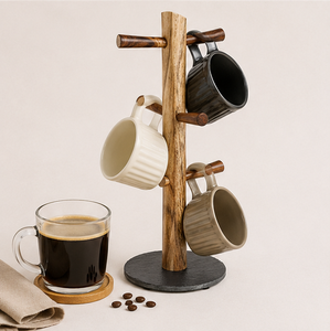 Modern Wood Mug Holder Tree With <b>Weighted</b> Marble Base 6-Hook Solid Wood Coffee Cup Rack <b>Stand</b> For Kitchen Countertop Storage - Product Image 2